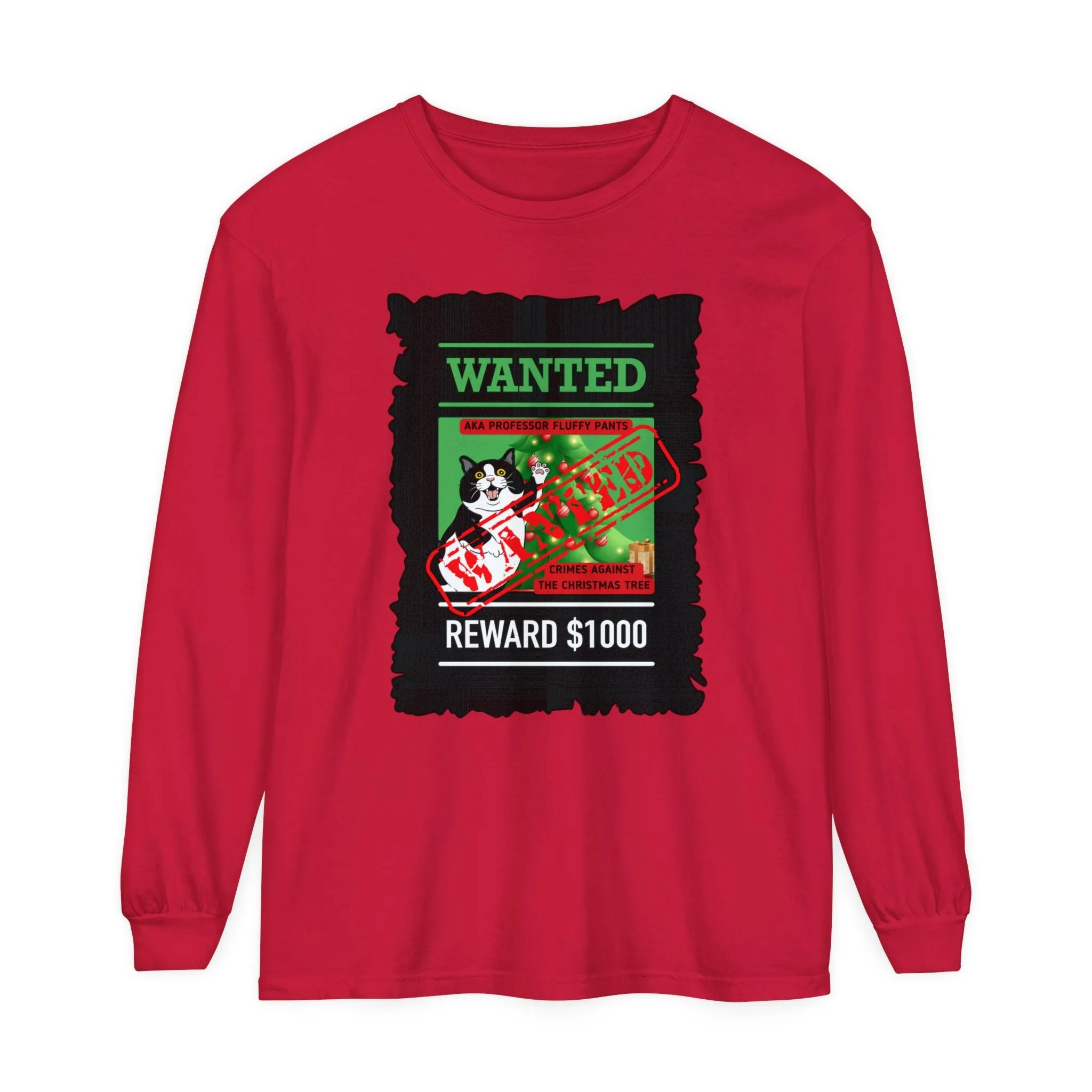 Comfort Colors Garment-Dyed Long Sleeve T-Shirt - 'Wanted Reward $1000' Mischievous Cat & Christmas Tree Tee