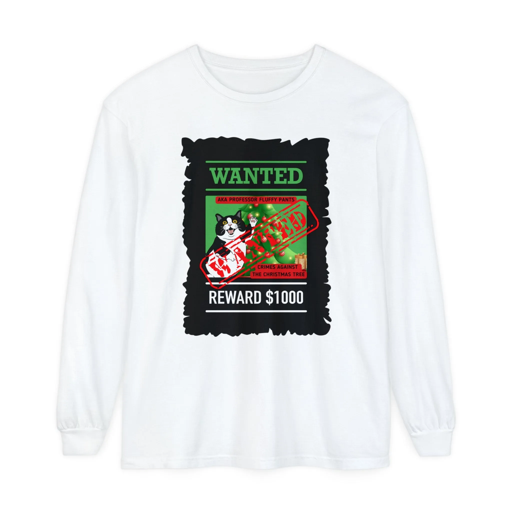 Comfort Colors Garment-Dyed Long Sleeve T-Shirt - 'Wanted Reward $1000' Mischievous Cat & Christmas Tree Tee