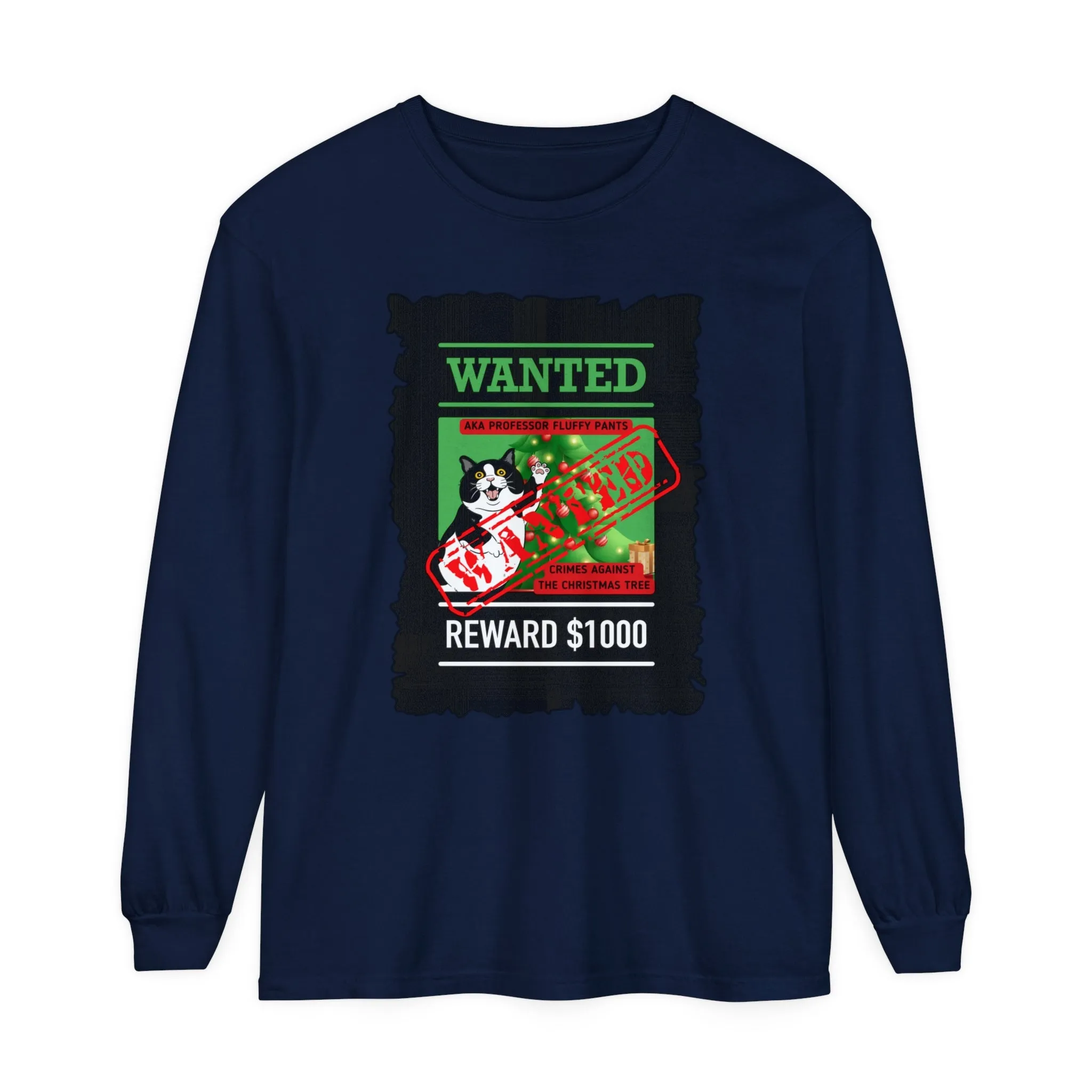 Comfort Colors Garment-Dyed Long Sleeve T-Shirt - 'Wanted Reward $1000' Mischievous Cat & Christmas Tree Tee