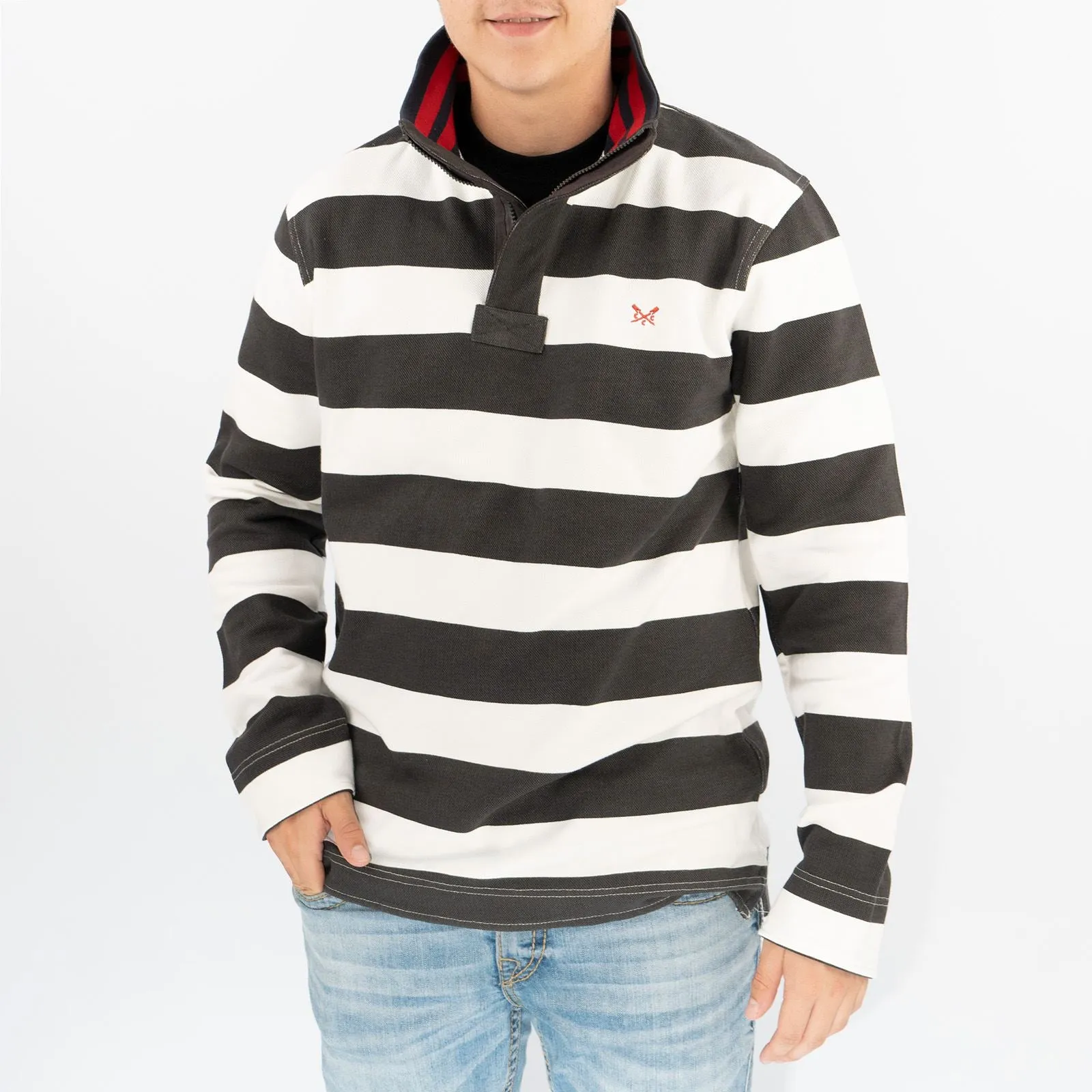 Crew Clothing Mens Padstow White Striped Classic Half Zip Sweatshirt Jumper Tops