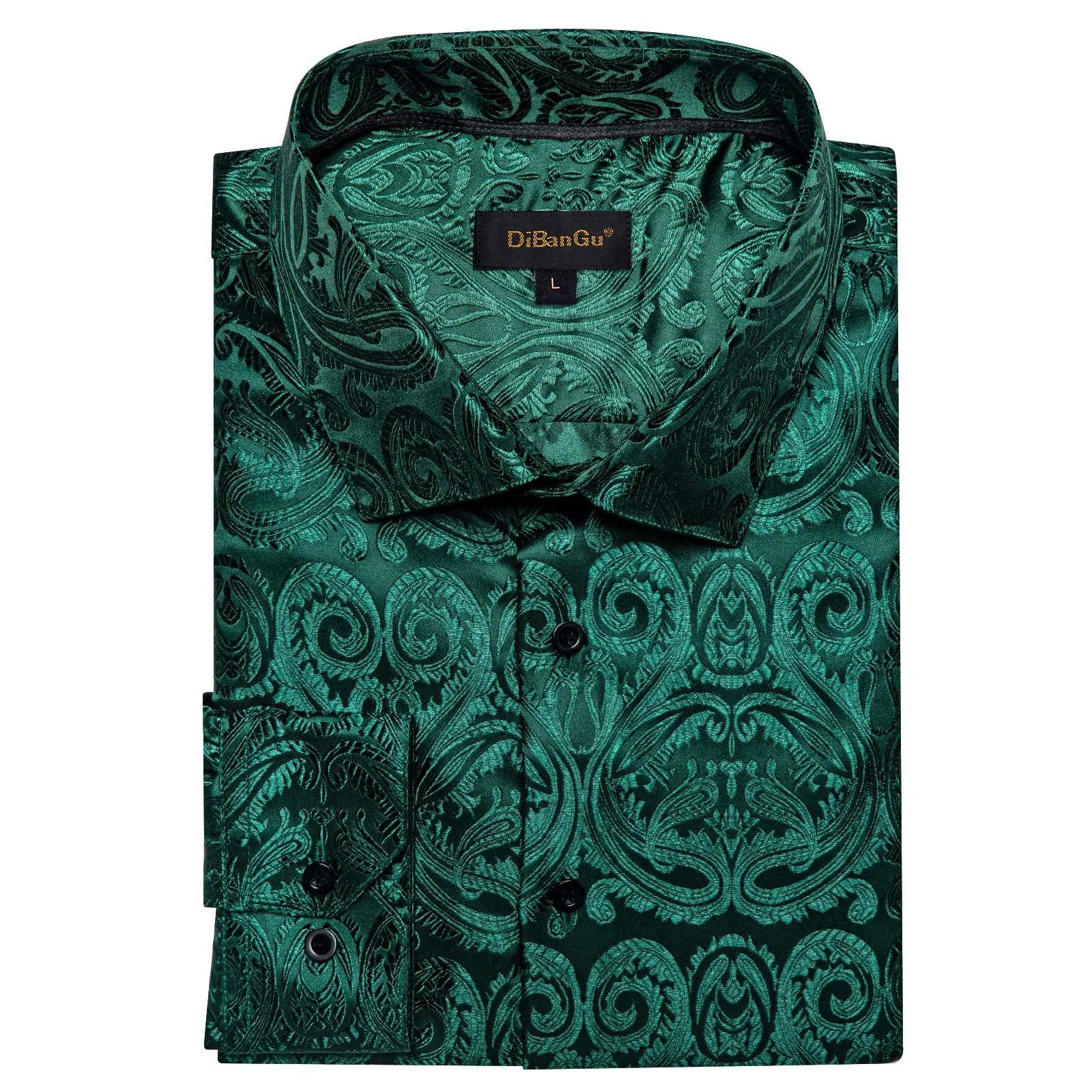 DiBanGu Shirt for Men Deep Green Paisley Long Sleeve Silk Button Up Business Dress Shirt