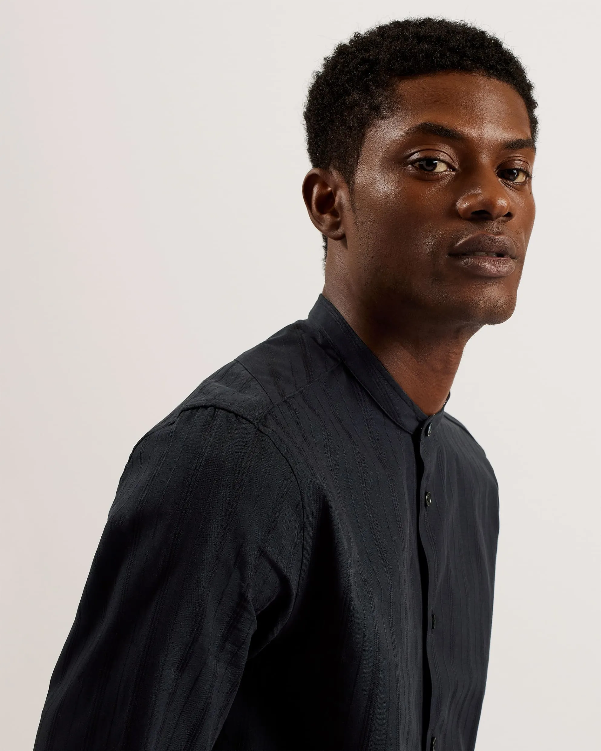 Fier Textured Stripe Grandad Collar Shirt Black