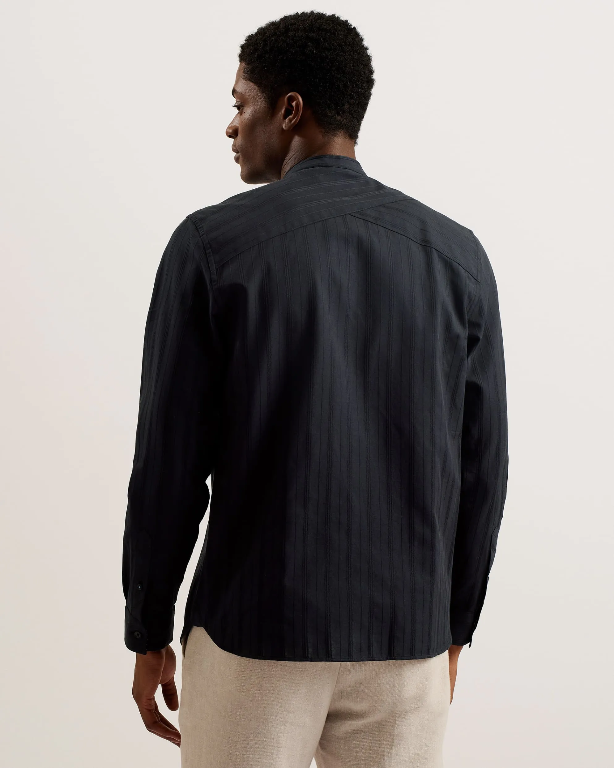 Fier Textured Stripe Grandad Collar Shirt Black