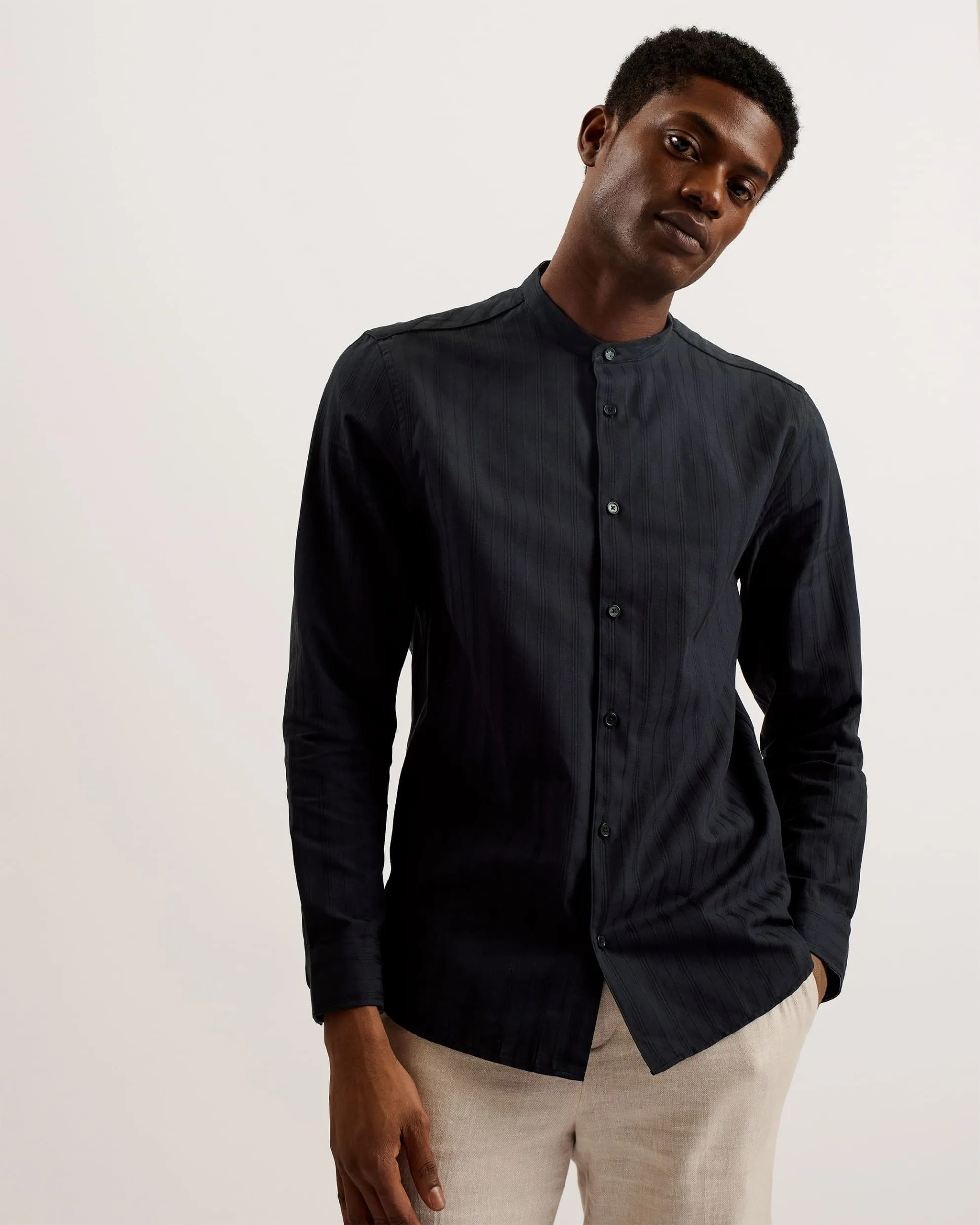 Fier Textured Stripe Grandad Collar Shirt Black