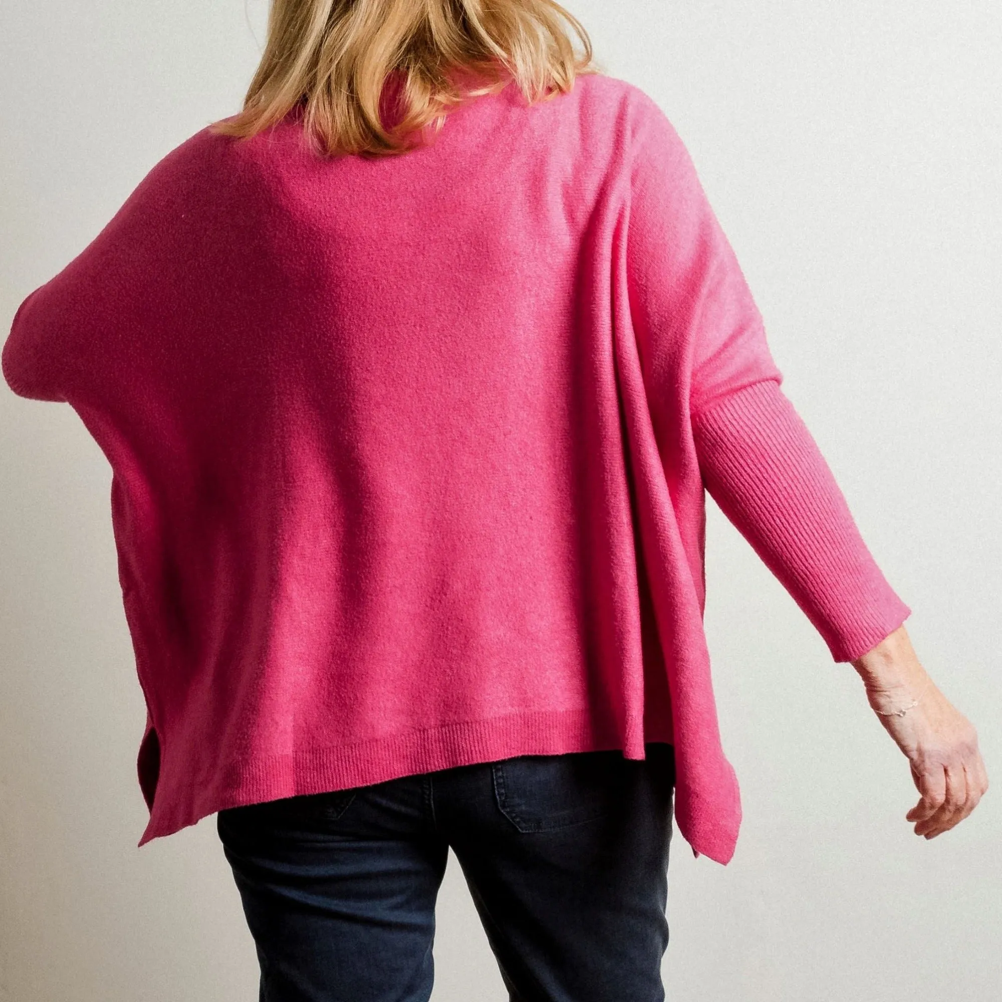Fuchsia Pink Supersoft Tapered Batwing Sleeve Fine Knit Round Neck Easy Wear Jumper