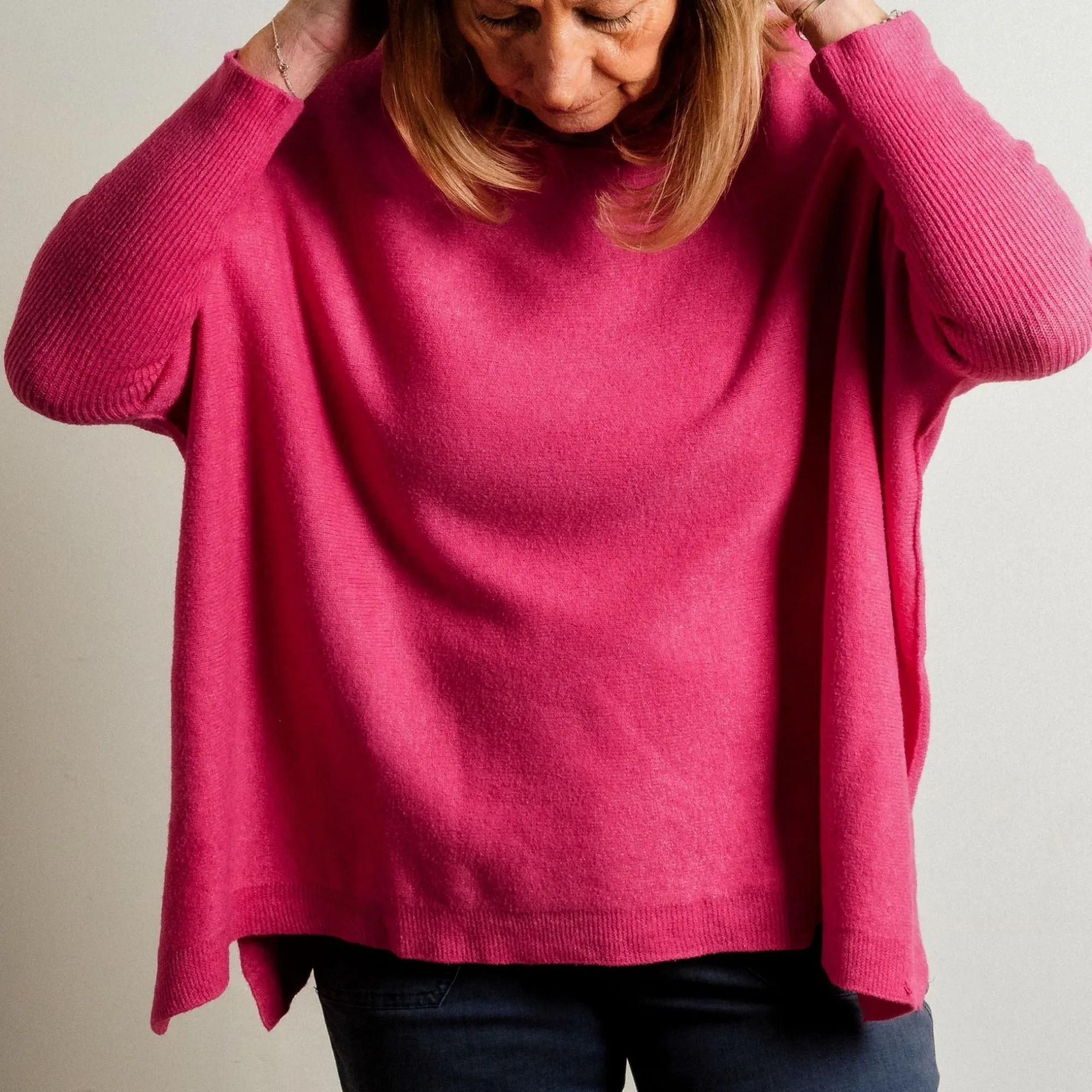 Fuchsia Pink Supersoft Tapered Batwing Sleeve Fine Knit Round Neck Easy Wear Jumper