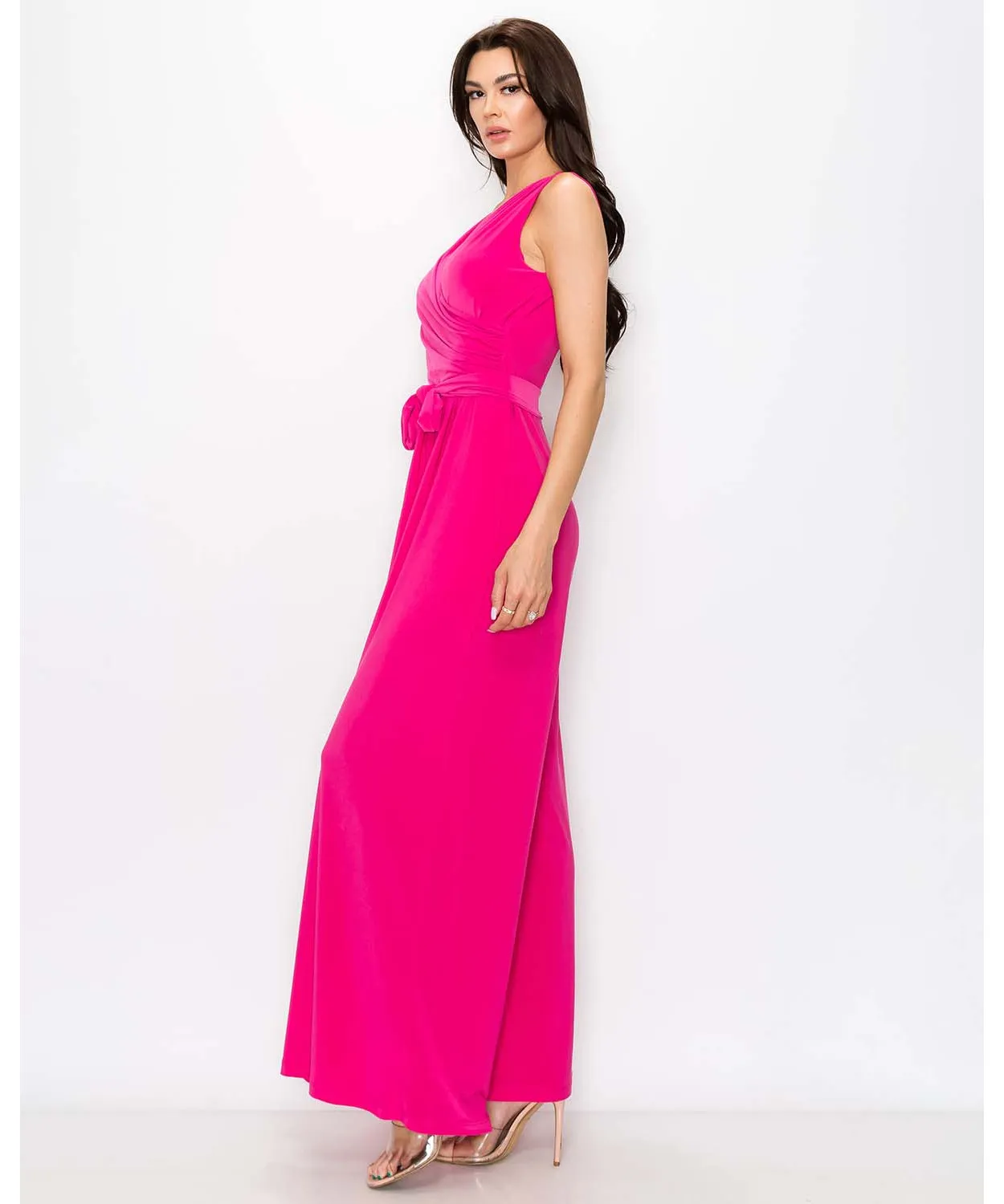 Last Tango Sleeveless Jumpsuit w/ Tie Waist - Fuchsia