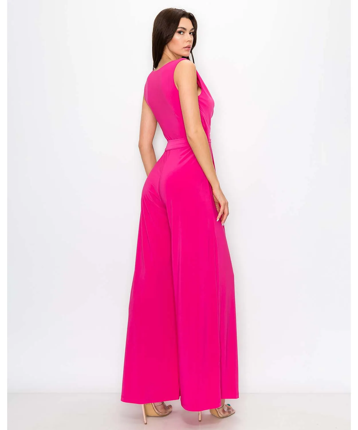 Last Tango Sleeveless Jumpsuit w/ Tie Waist - Fuchsia