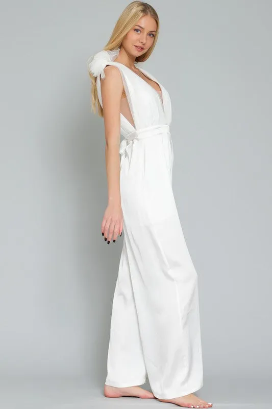 Magdalina Tulle Wide Leg Jumpsuit Onesie - White