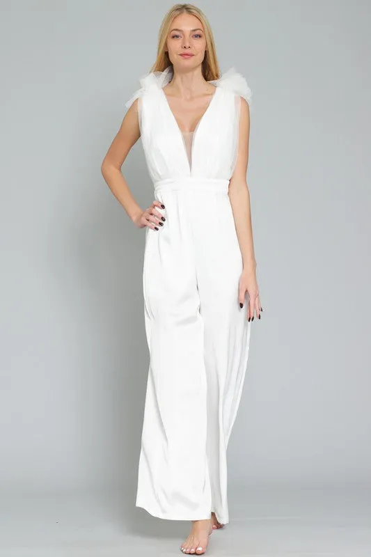 Magdalina Tulle Wide Leg Jumpsuit Onesie - White