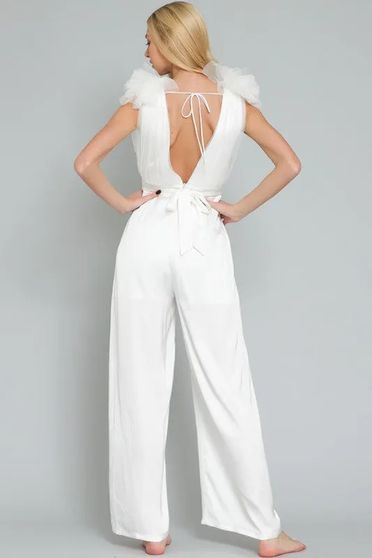 Magdalina Tulle Wide Leg Jumpsuit Onesie - White
