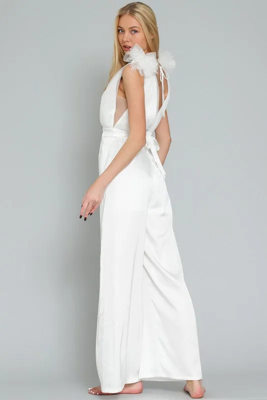 Magdalina Tulle Wide Leg Jumpsuit Onesie - White