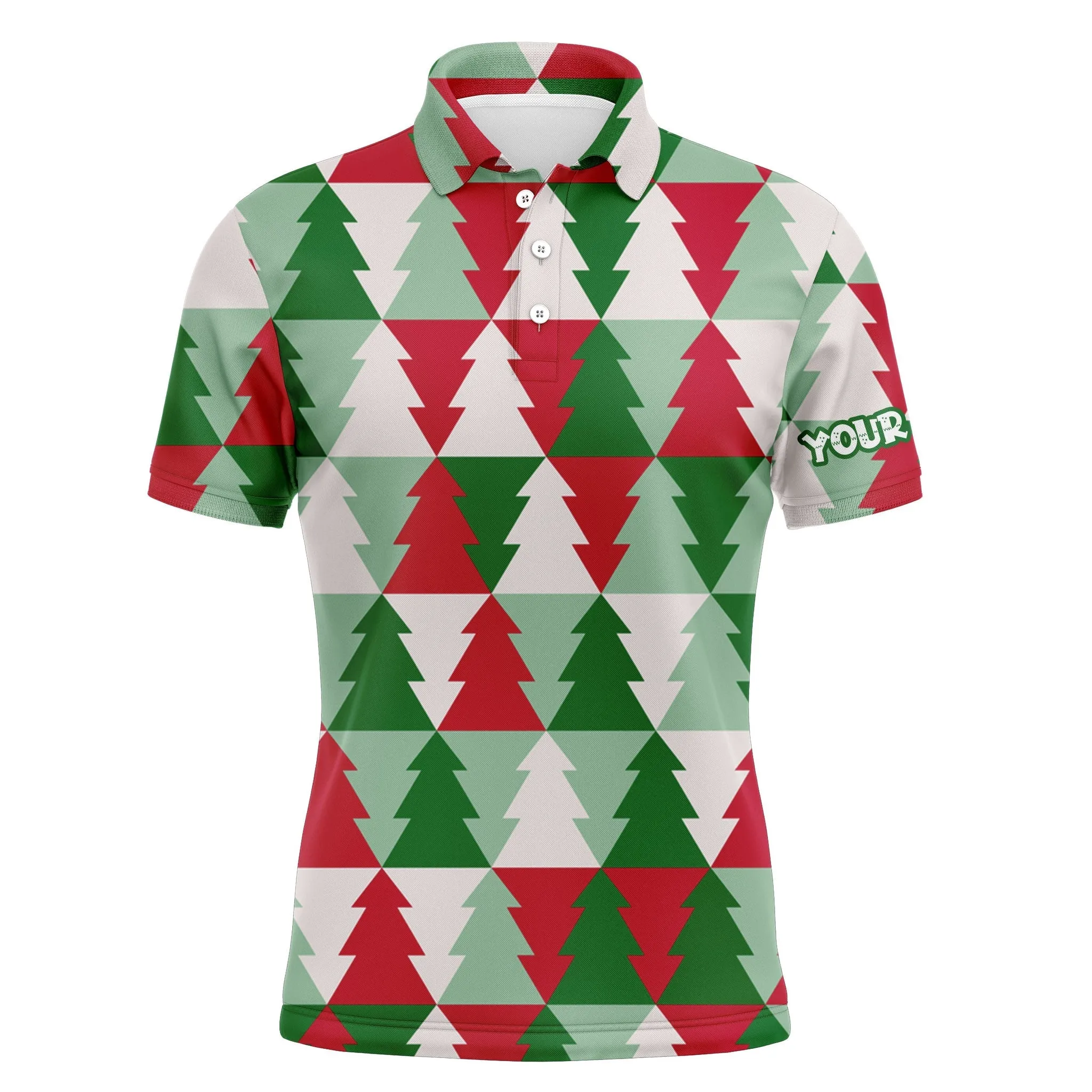 Mens Golf Long Sleeve Polo Shirts Custom Name Christmas Tree Pattern, Christmas Golf Gift For Men