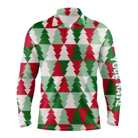 Mens Golf Long Sleeve Polo Shirts Custom Name Christmas Tree Pattern, Christmas Golf Gift For Men