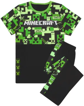 Minecraft Creeper All-Over Print & Logo Boys Green Short Sleeve Long Leg Pyjama Set