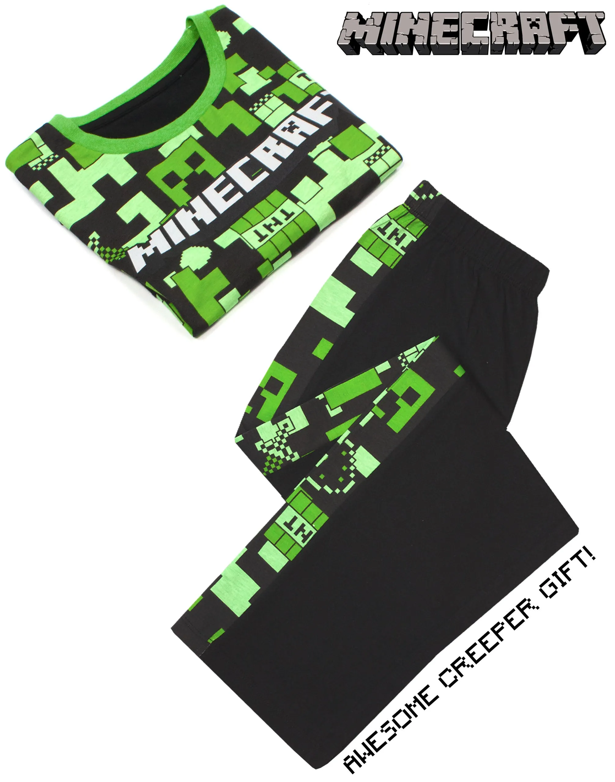 Minecraft Creeper All-Over Print & Logo Boys Green Short Sleeve Long Leg Pyjama Set