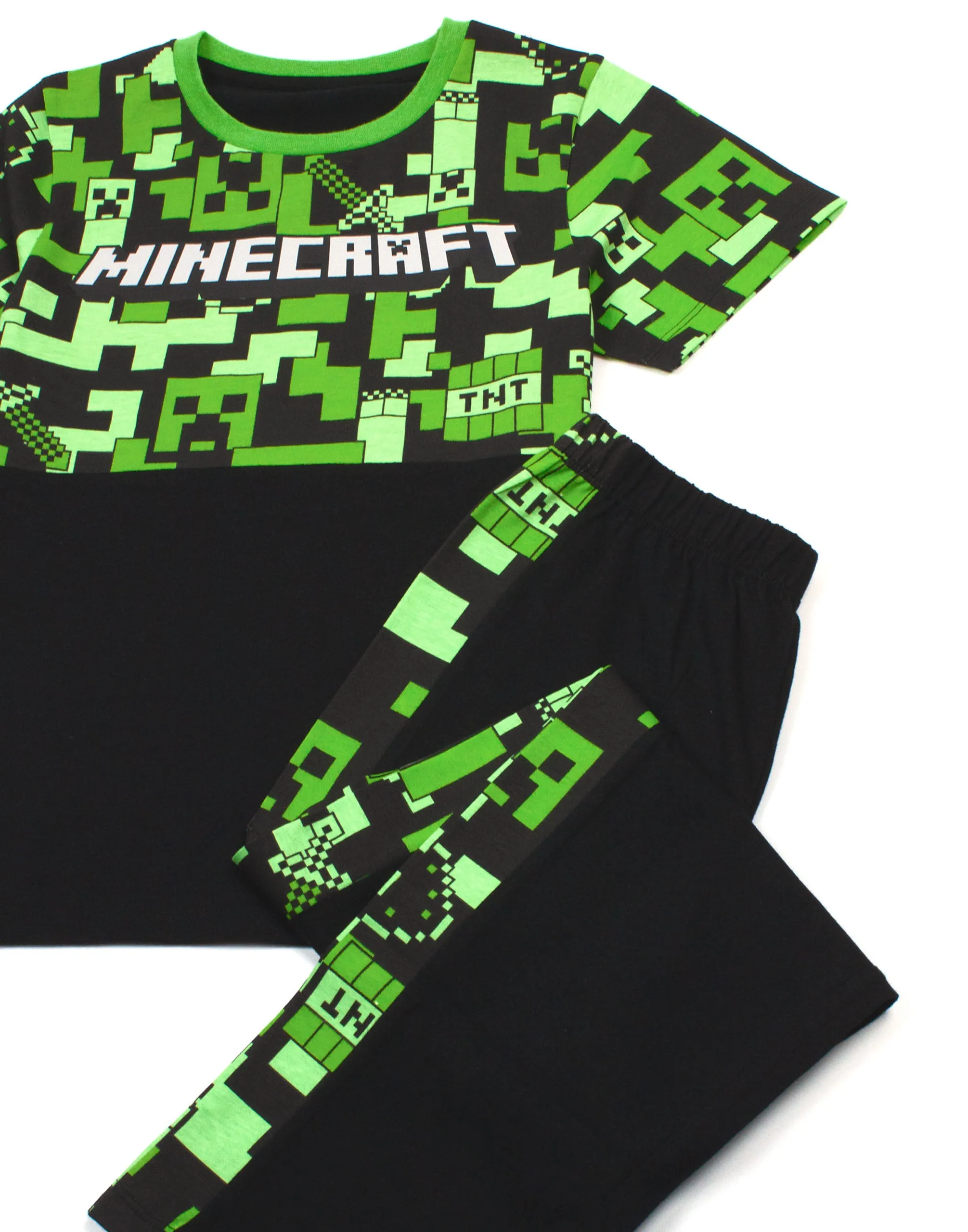 Minecraft Creeper All-Over Print & Logo Boys Green Short Sleeve Long Leg Pyjama Set