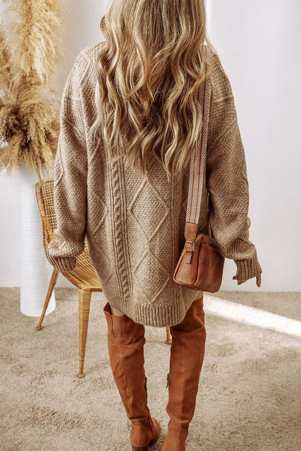 Mist Green Cable Knit Drop Shoulder Loose Fit Sweater Dress