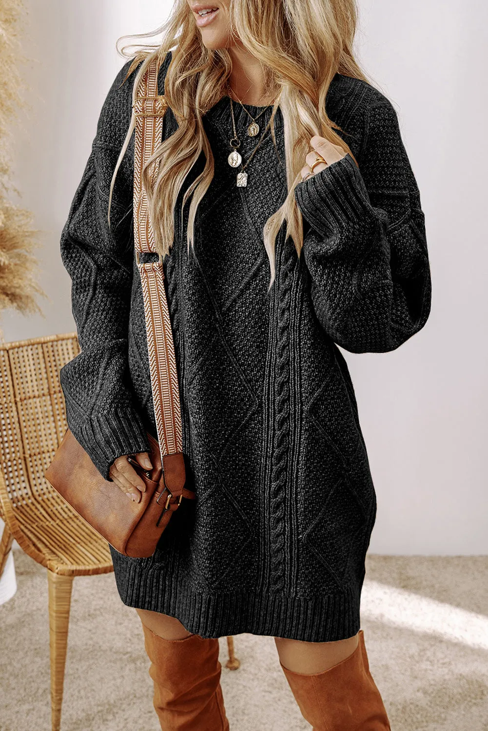 Mist Green Cable Knit Drop Shoulder Loose Fit Sweater Dress