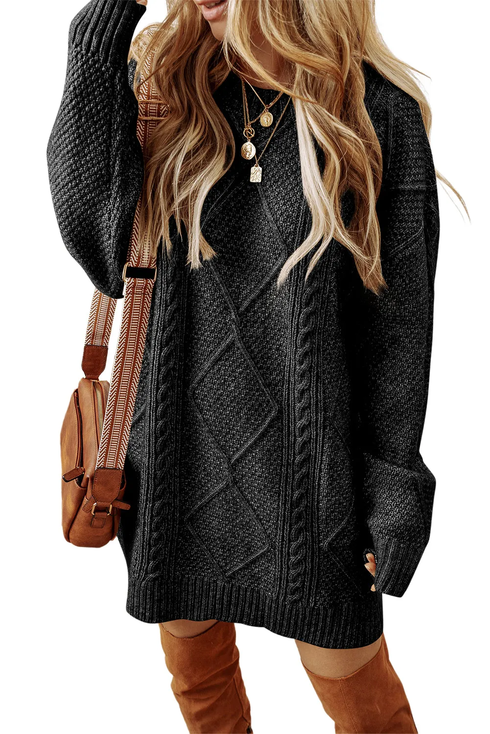 Mist Green Cable Knit Drop Shoulder Loose Fit Sweater Dress