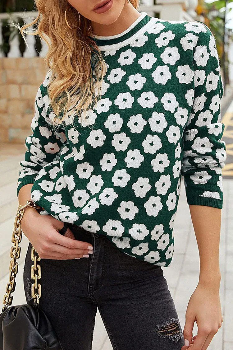 Mock Neck Floral Print Knitted Sweater Color Block Light Weight Sweater