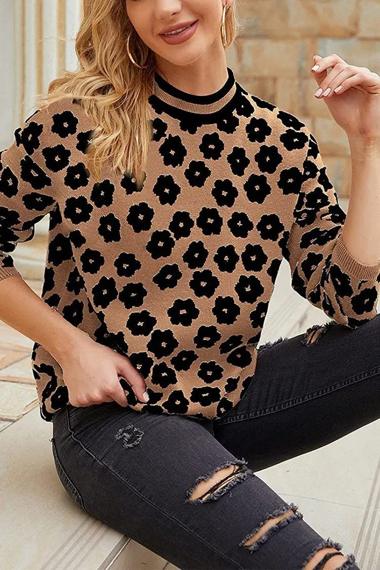 Mock Neck Floral Print Knitted Sweater Color Block Light Weight Sweater
