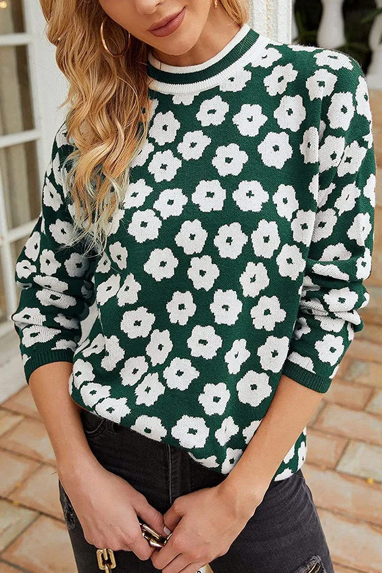 Mock Neck Floral Print Knitted Sweater Color Block Light Weight Sweater