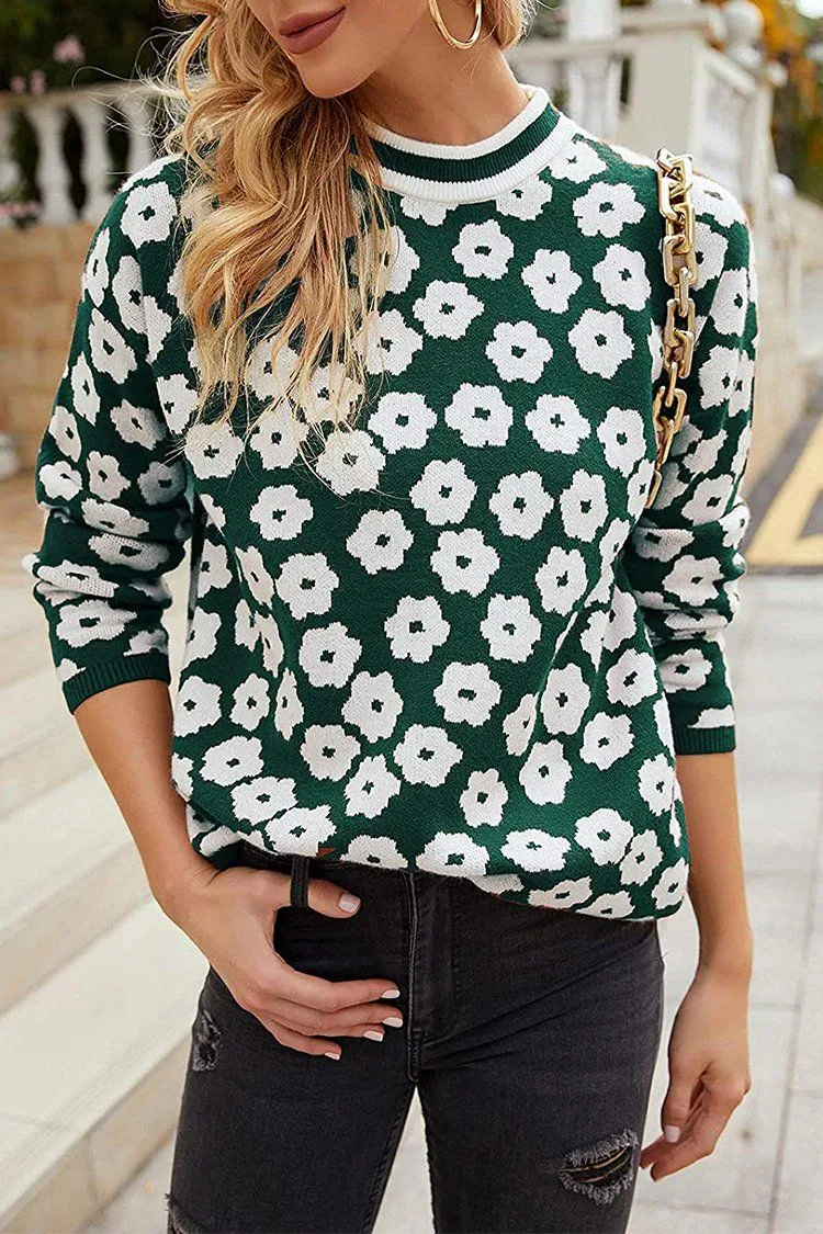 Mock Neck Floral Print Knitted Sweater Color Block Light Weight Sweater