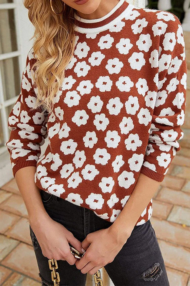 Mock Neck Floral Print Knitted Sweater Color Block Light Weight Sweater