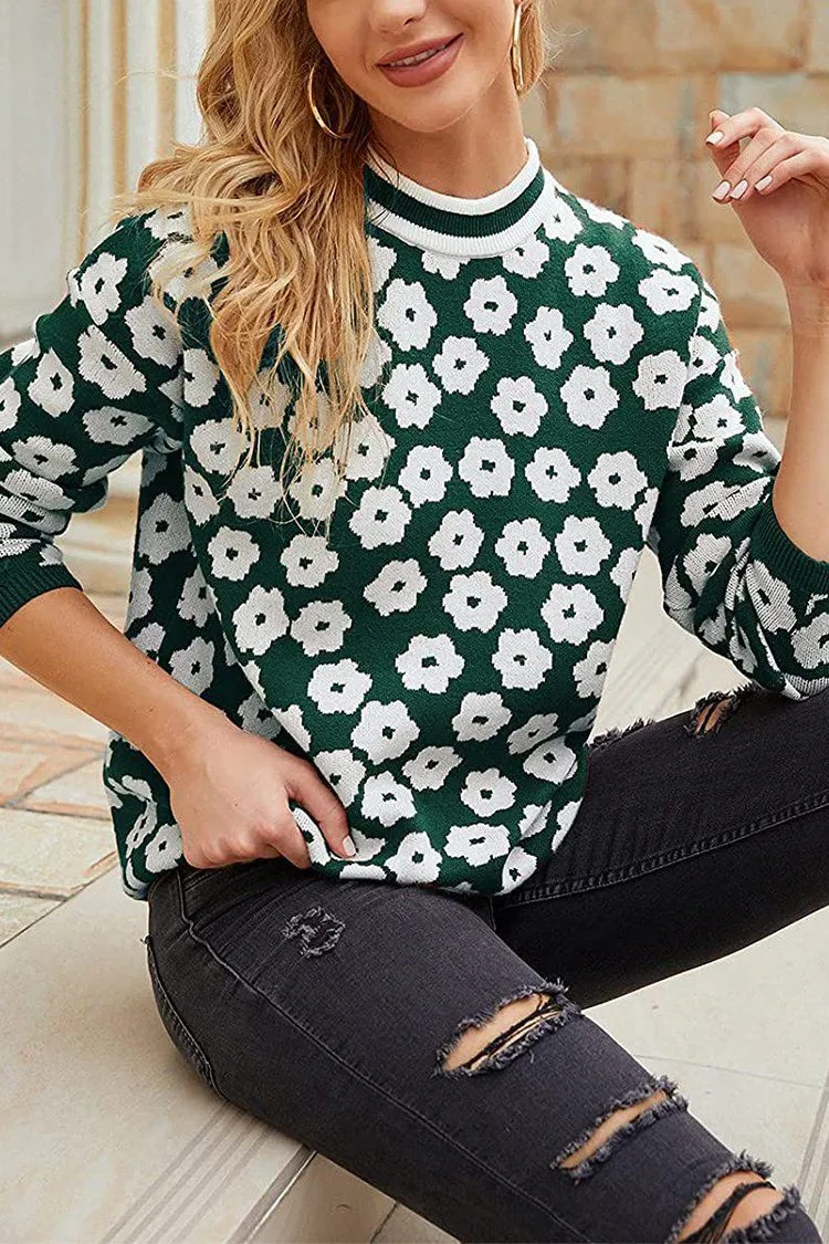 Mock Neck Floral Print Knitted Sweater Color Block Light Weight Sweater