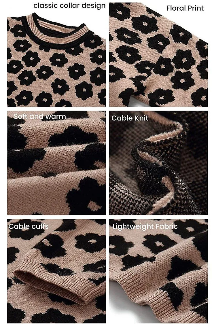 Mock Neck Floral Print Knitted Sweater Color Block Light Weight Sweater