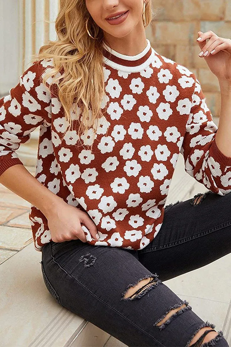 Mock Neck Floral Print Knitted Sweater Color Block Light Weight Sweater