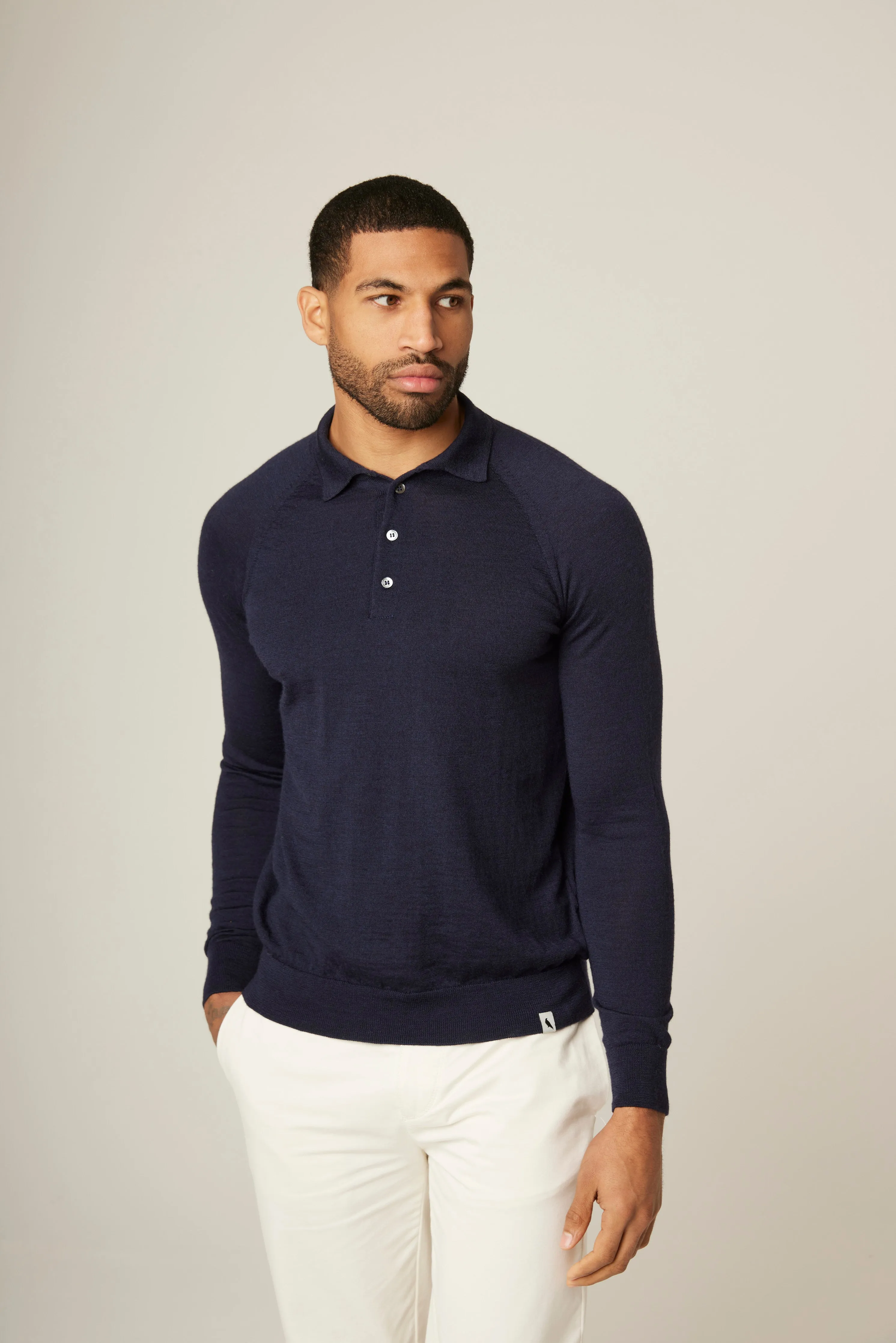 Navy Long Sleeve Wool Polo