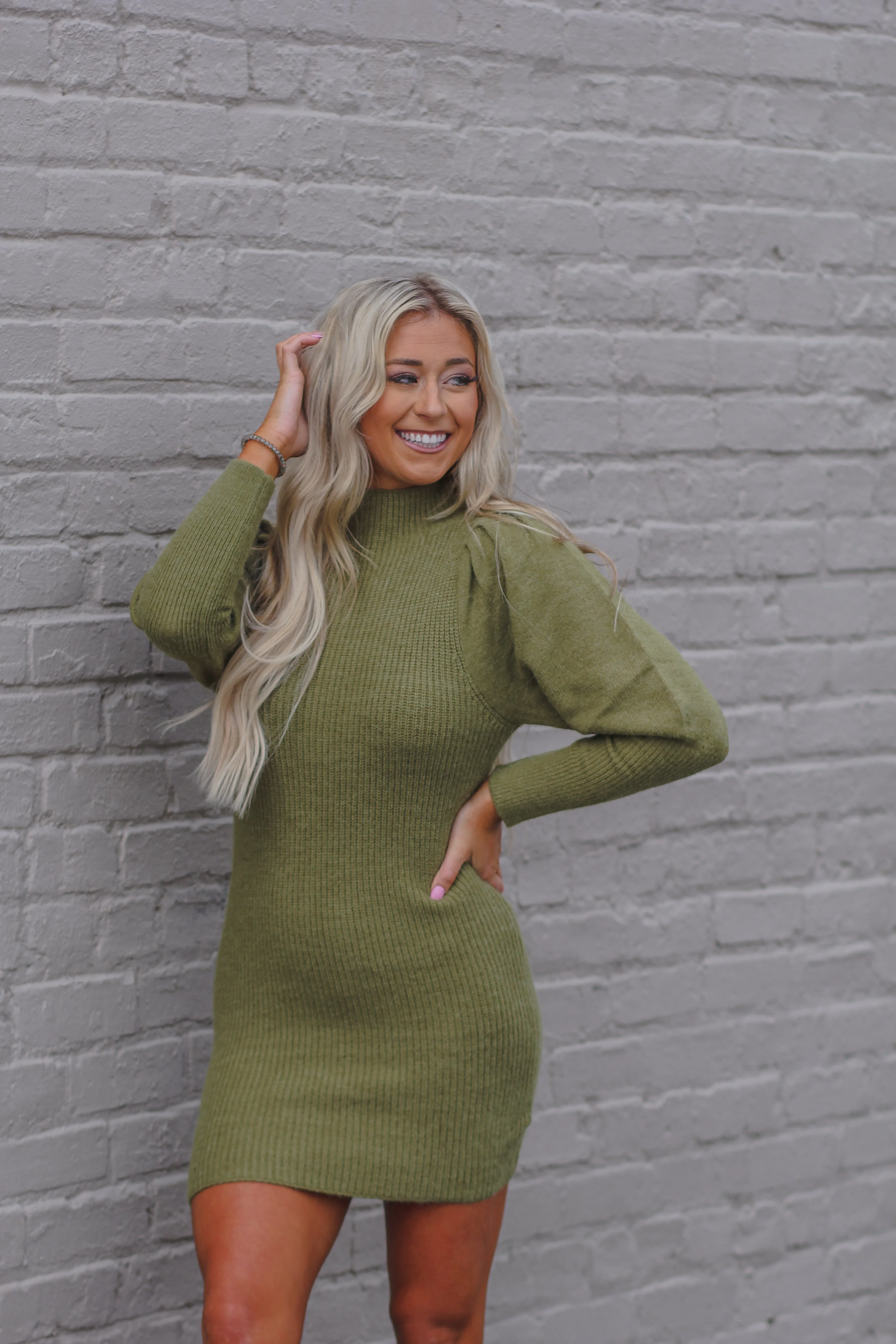 Olive Mutton Sleeve High Neck Sweater Dress