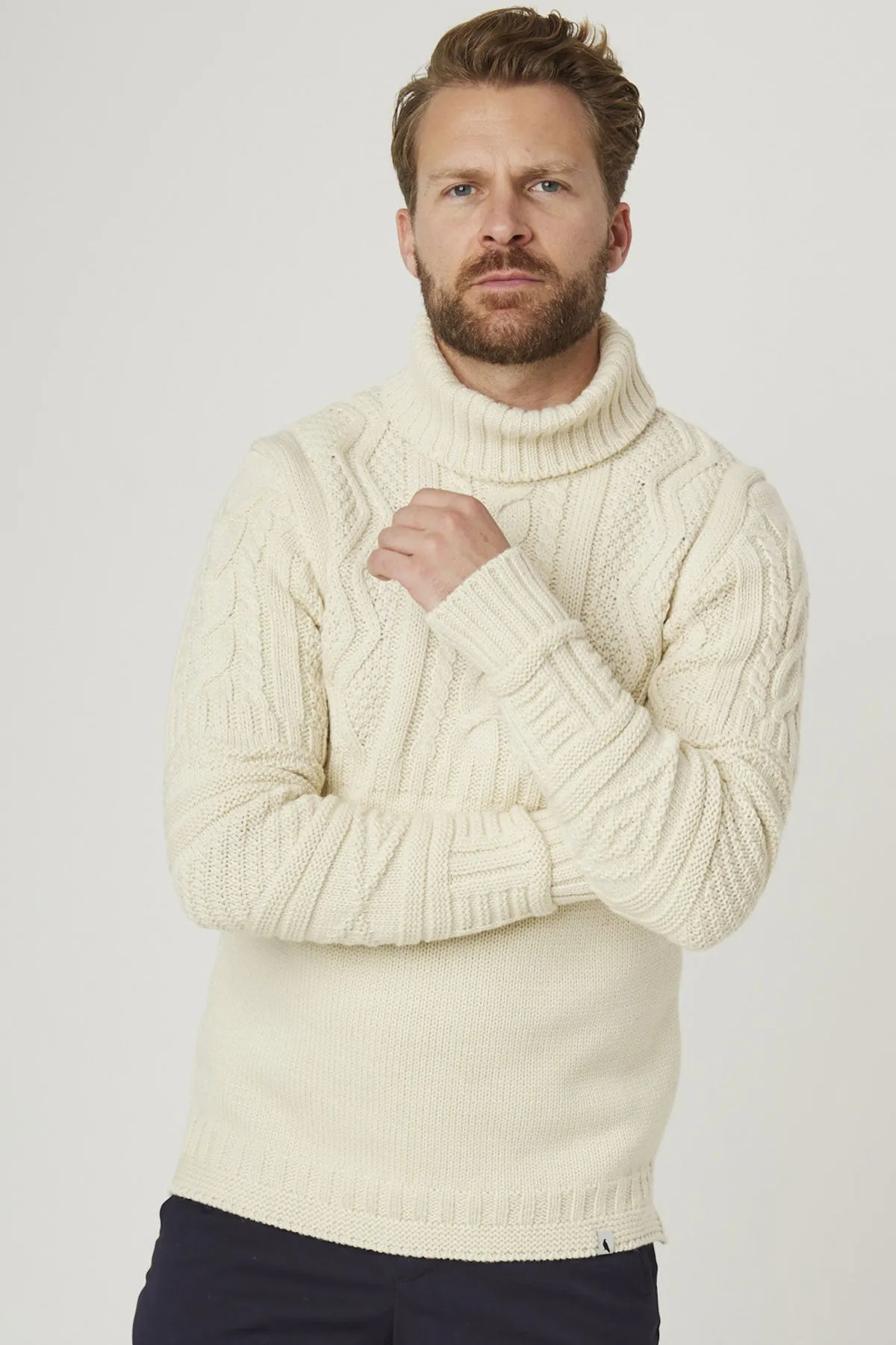 Peregrine - Fisherman Roll Neck Jumper in Ecru
