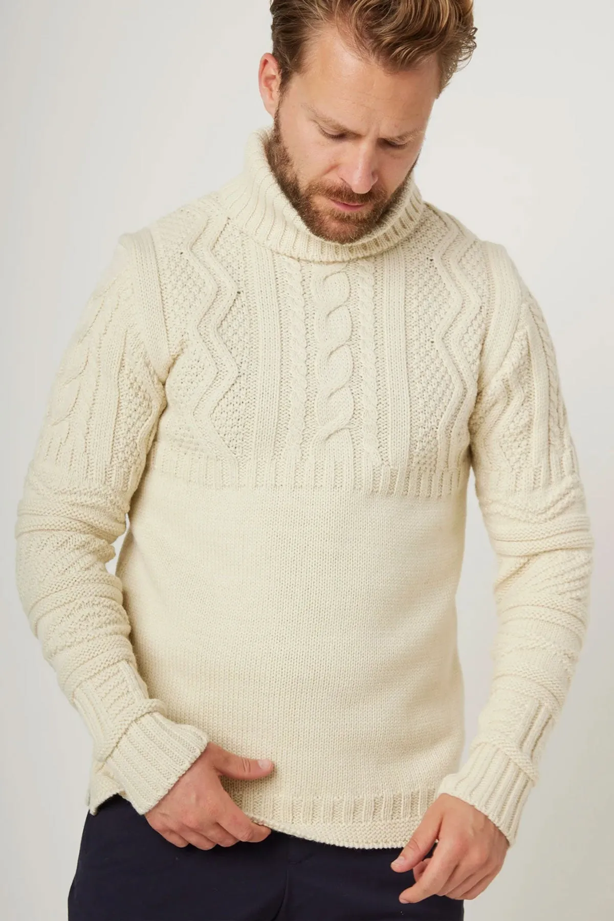 Peregrine - Fisherman Roll Neck Jumper in Ecru
