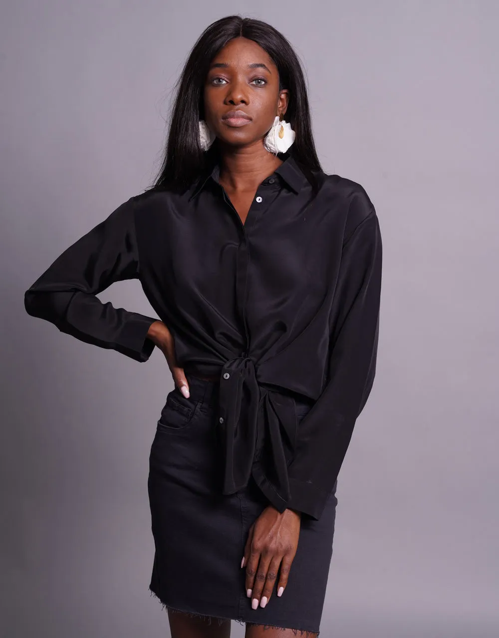 Silk Blouse with Collar in Black
