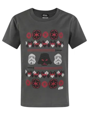 Star Wars Darth Vader Fair Isle Christmas Charcoal Short Sleeve Boy's T-Shirt