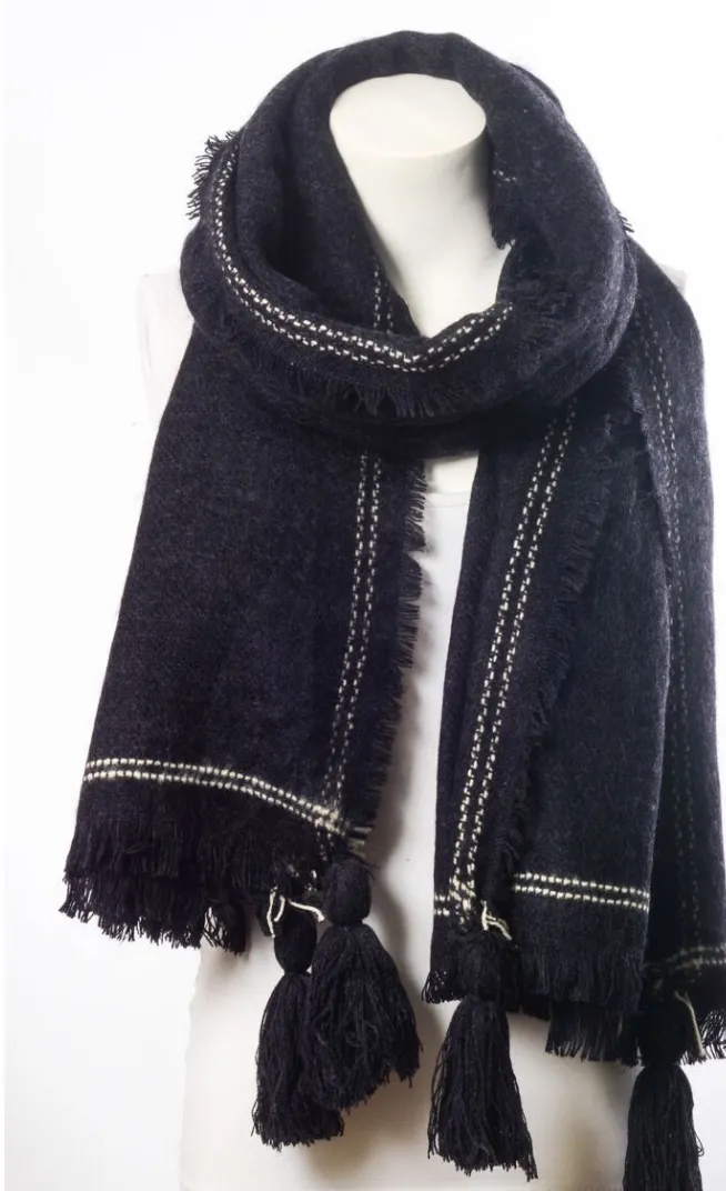 Stylish Long Black Tassel Frayed Blanket Scarf