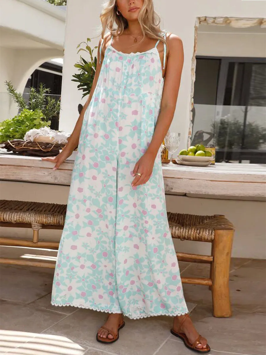 Sweet Floral Polyester Maxi Jumpsuit