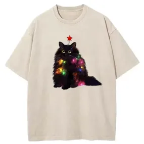 Tokyo-Tiger Christmas Lights Cat Washed T-Shirt