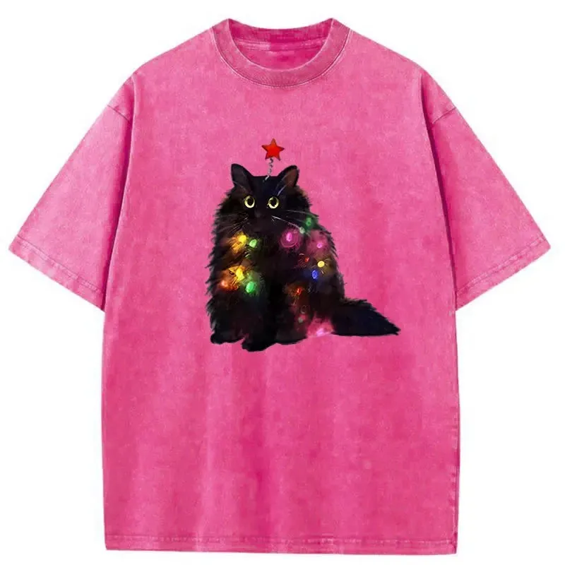 Tokyo-Tiger Christmas Lights Cat Washed T-Shirt