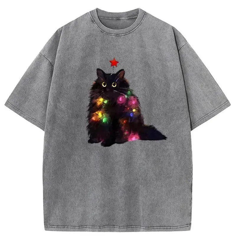 Tokyo-Tiger Christmas Lights Cat Washed T-Shirt