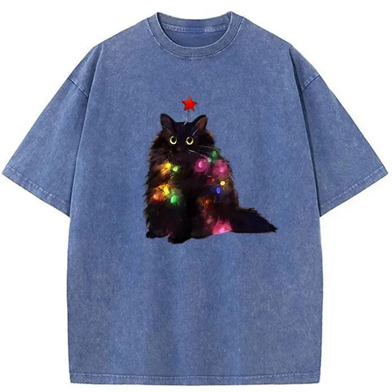 Tokyo-Tiger Christmas Lights Cat Washed T-Shirt