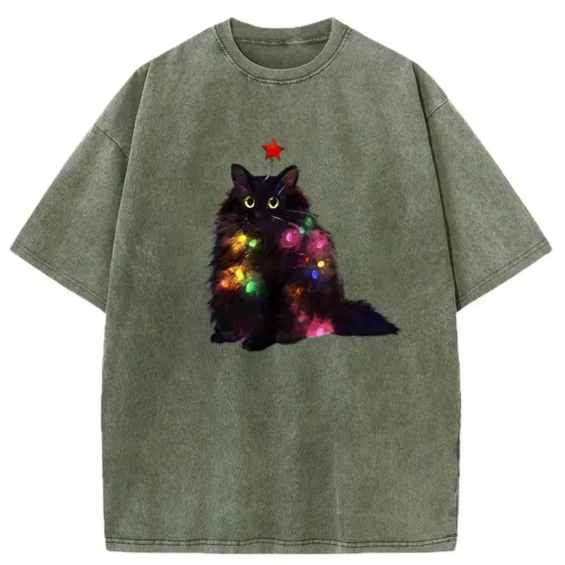 Tokyo-Tiger Christmas Lights Cat Washed T-Shirt