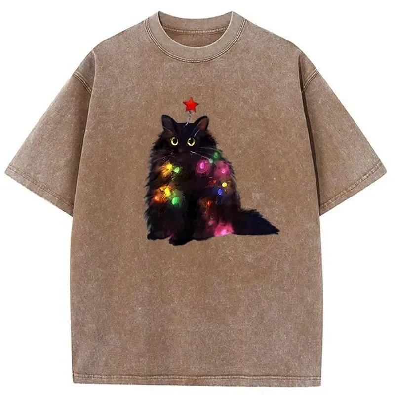 Tokyo-Tiger Christmas Lights Cat Washed T-Shirt