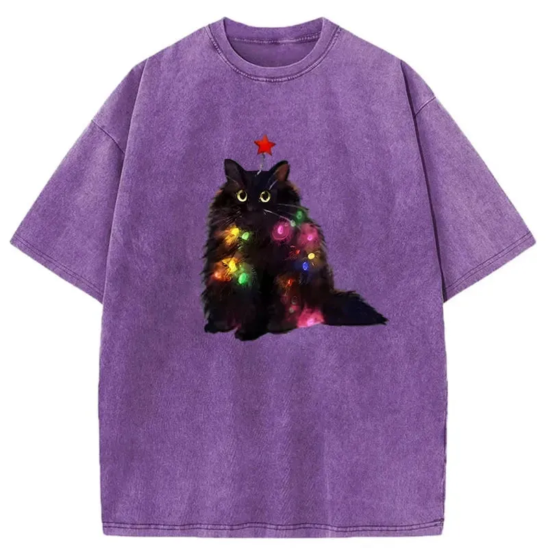 Tokyo-Tiger Christmas Lights Cat Washed T-Shirt