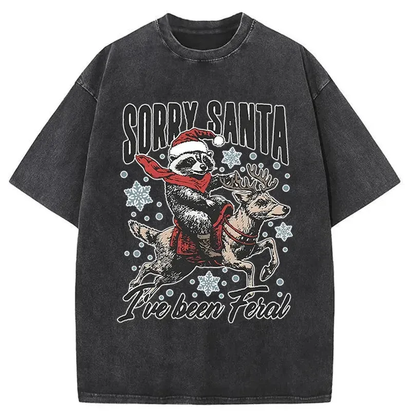 Tokyo-Tiger Funny Raccoon With Santa Washed T-Shirt
