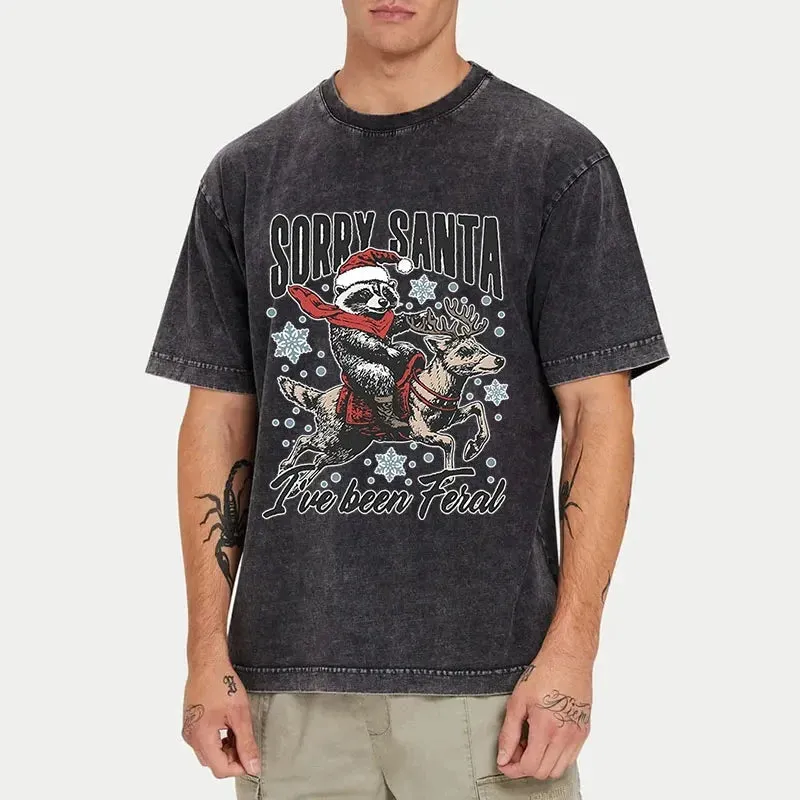 Tokyo-Tiger Funny Raccoon With Santa Washed T-Shirt
