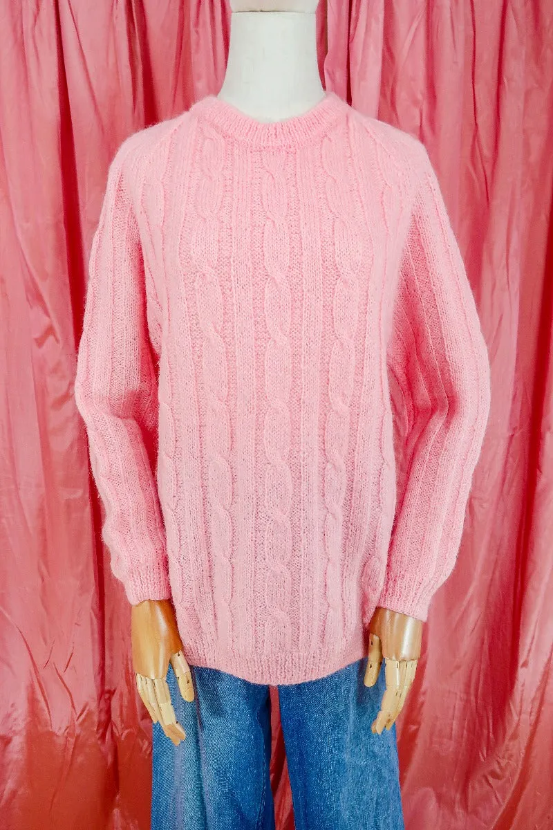 Vintage Jumper-  Fisherman's Bubble Gum Pop Cable Knit - Size L